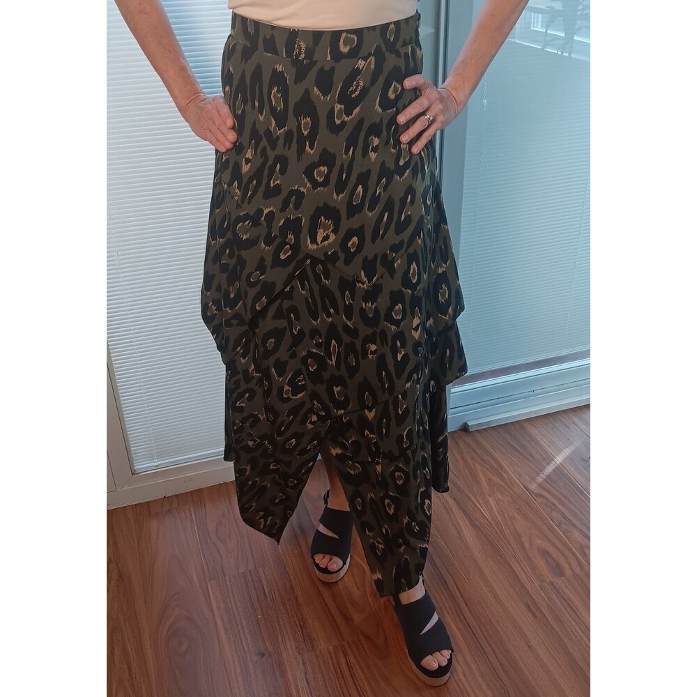 Renata Gasparian GREEN Leopard Print Maxi High Slit Skirt Large ( Fits Like -4)